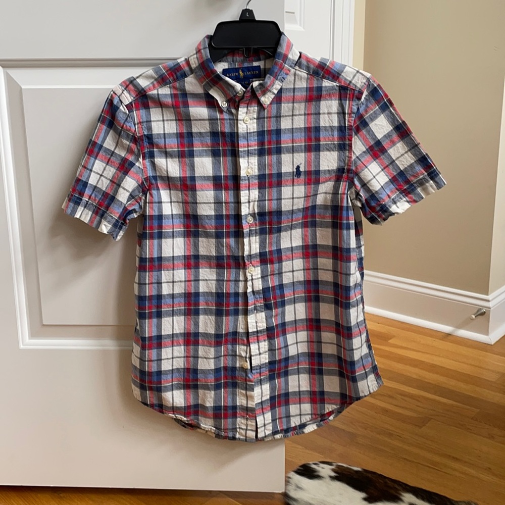 Red, white and blue plaid short sleeve Polo shirt for boys